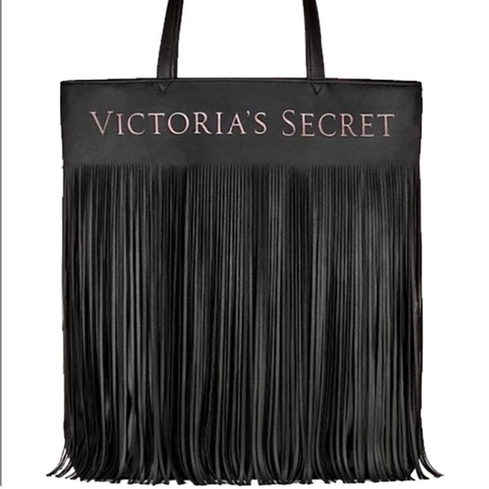 NWT Victoria’s Secret Black Faux Leather Fringe Tote